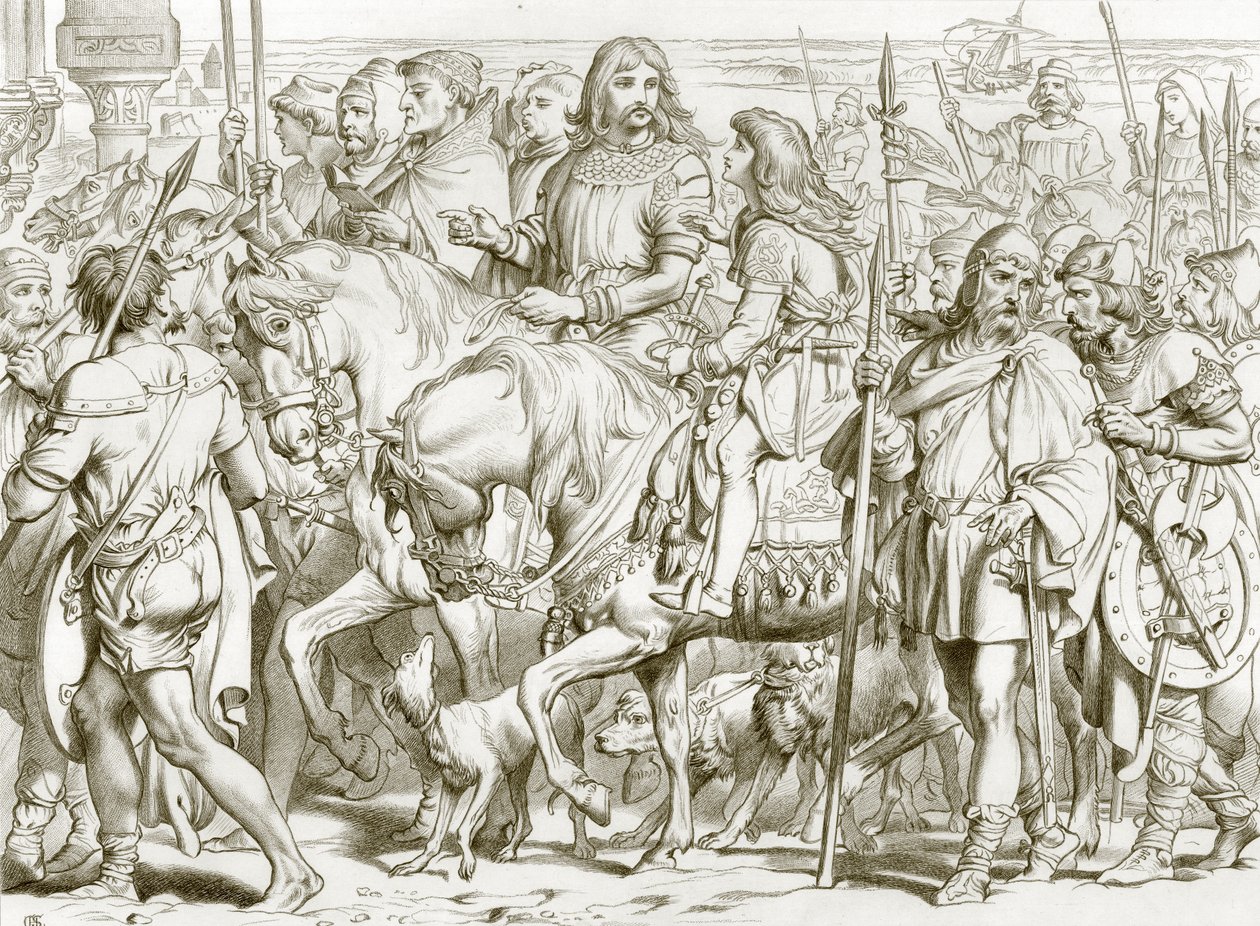 Hereward entra en la fortaleza consagrada de San Bertin (grabado) de Henry Courtney (after) Selous