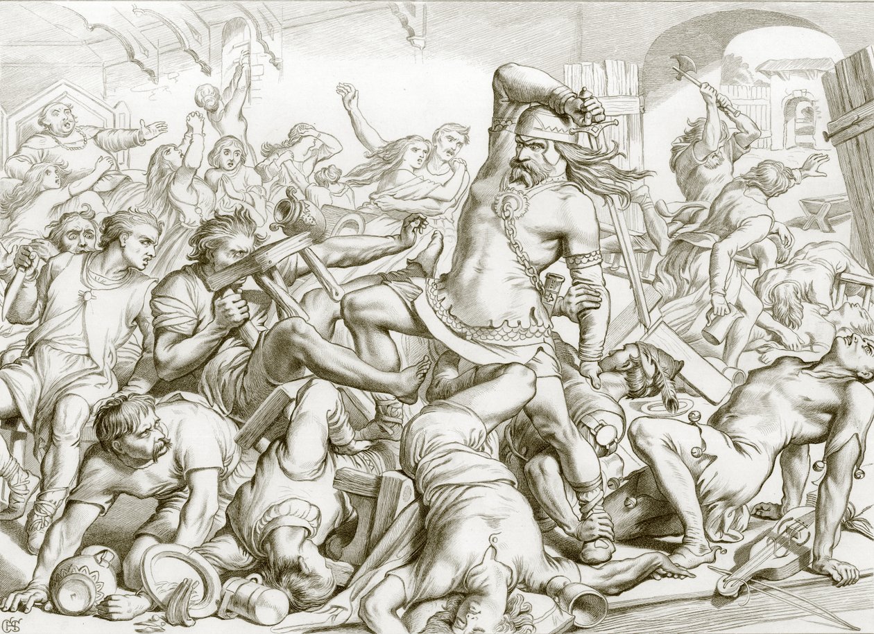 Cómo Hereward limpió Bourne de franceses (grabado) de Henry Courtney (after) Selous