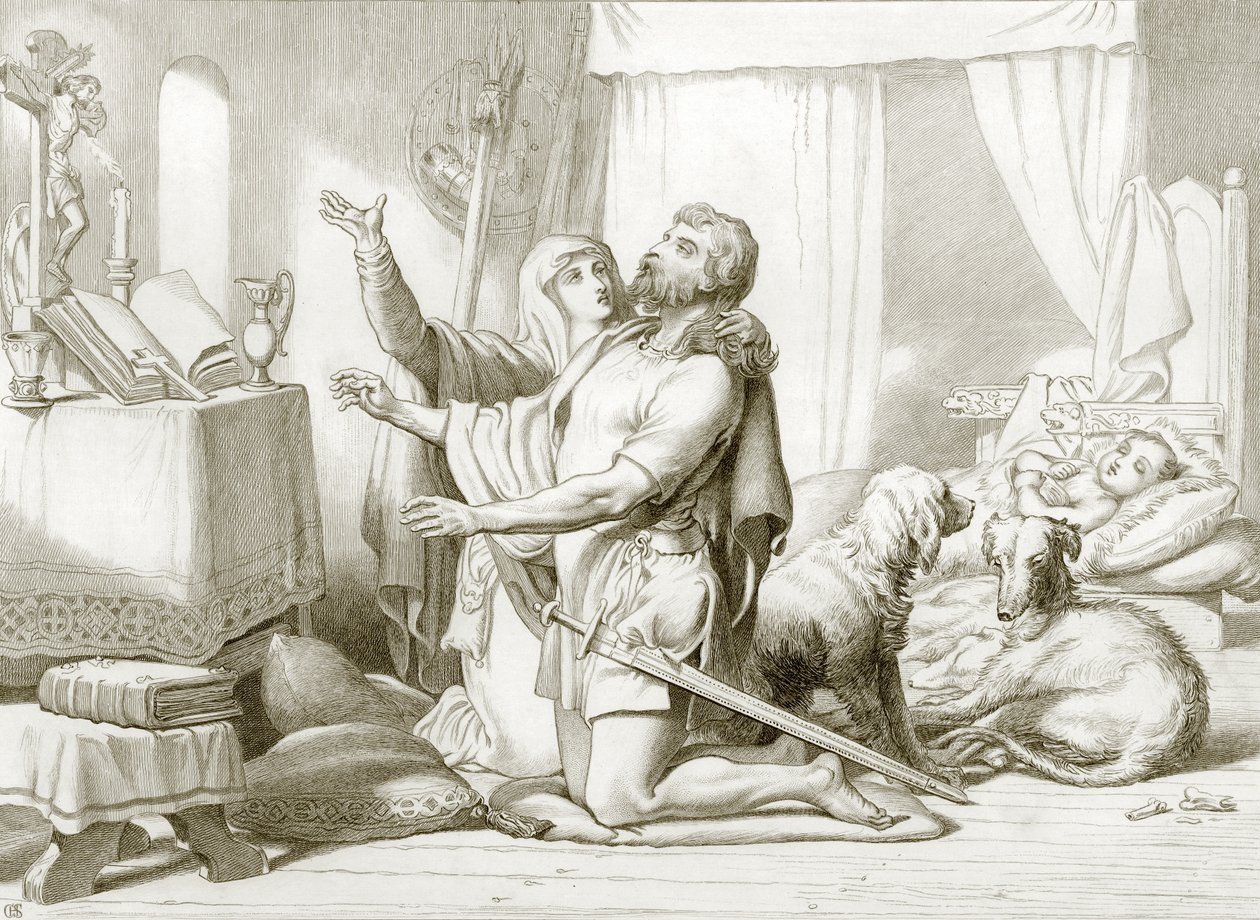 Cómo Torfrida enseña a rezar a Hereward (grabado) de Henry Courtney (after) Selous