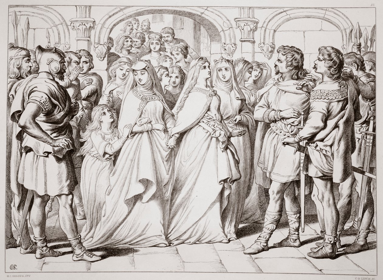 Alftruda reconoce a Hereward, ilustración de Hereward the Great de Charles Kingsley, pub. 1870, grabado por C.G. Lewis de Henry Courtney Selous