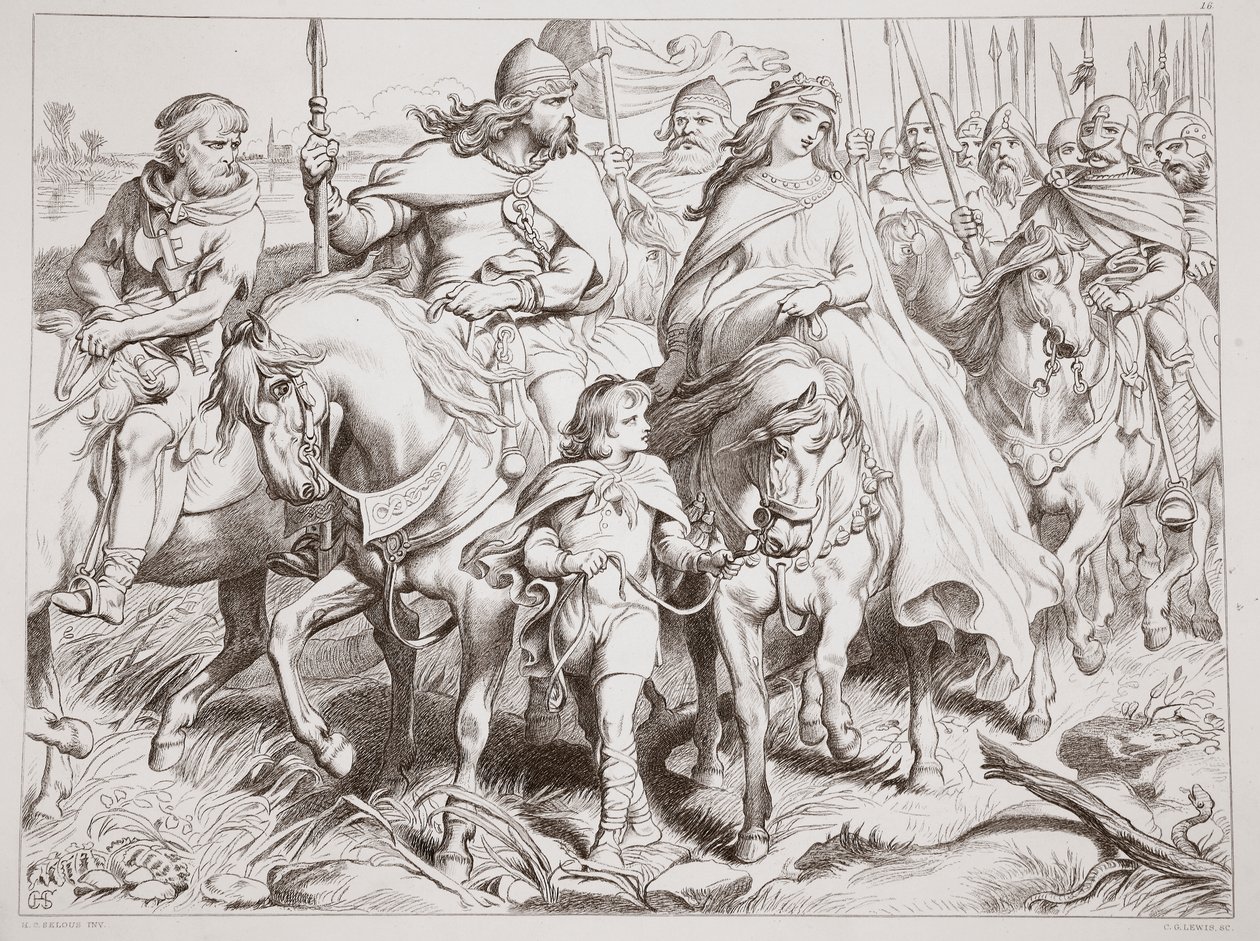 Hereward protege a Alftruda a un lugar seguro, ilustración de Hereward the Great por Charles Kingsley, pub. 1870, grabado por C.G. Lewis de Henry Courtney Selous