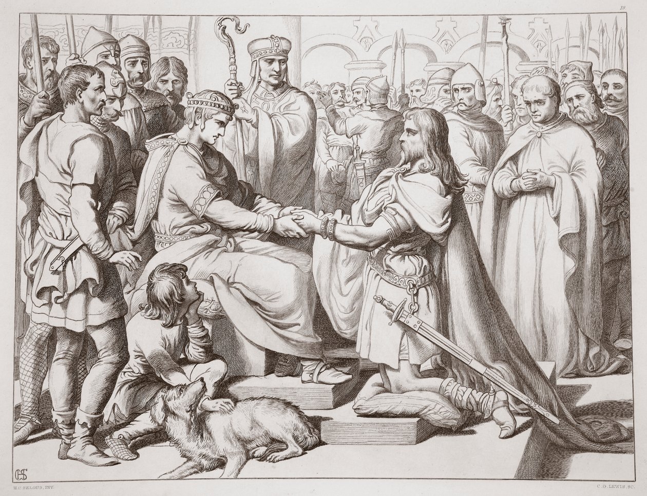 Cómo Hereward llegó al Rey, ilustración de Hereward the Great de Charles Kingsley, pub. 1870, grabado por C.G. Lewis de Henry Courtney Selous