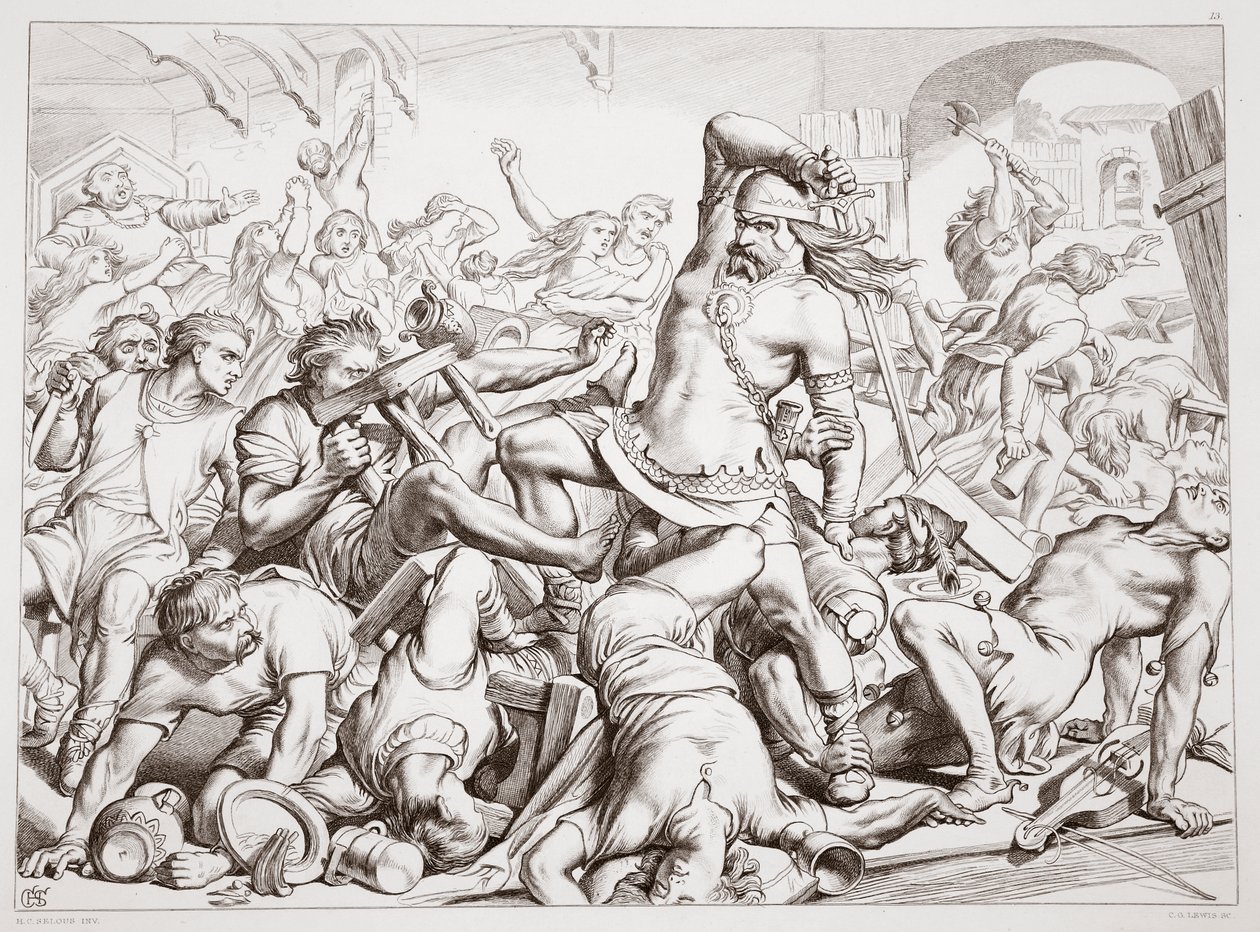 Cómo Hereward limpió Bourne de franceses, ilustración de Hereward the Great de Charles Kingsley, pub. 1870, grabado por C.G. Lewis de Henry Courtney Selous