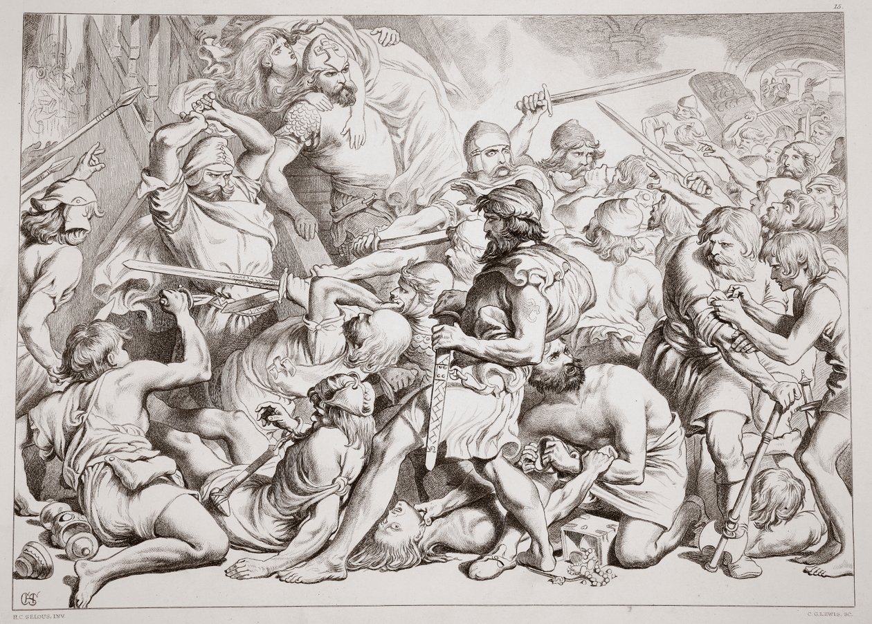 Cómo Hereward rescata a Alftruda, ilustración de Hereward the Great por Charles Kingsley, pub. 1870, grabado por C.G. Lewis de Henry Courtney Selous