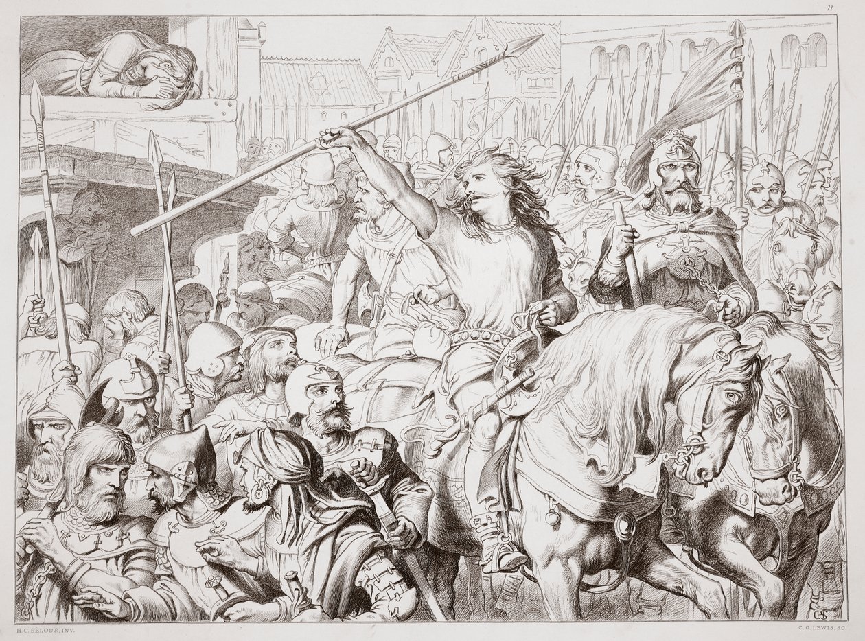 Cómo Hereward se convirtió en Berserker, ilustración de Hereward the Great de Charles Kingsley, pub. 1870, grabado por C.G. Lewis de Henry Courtney Selous