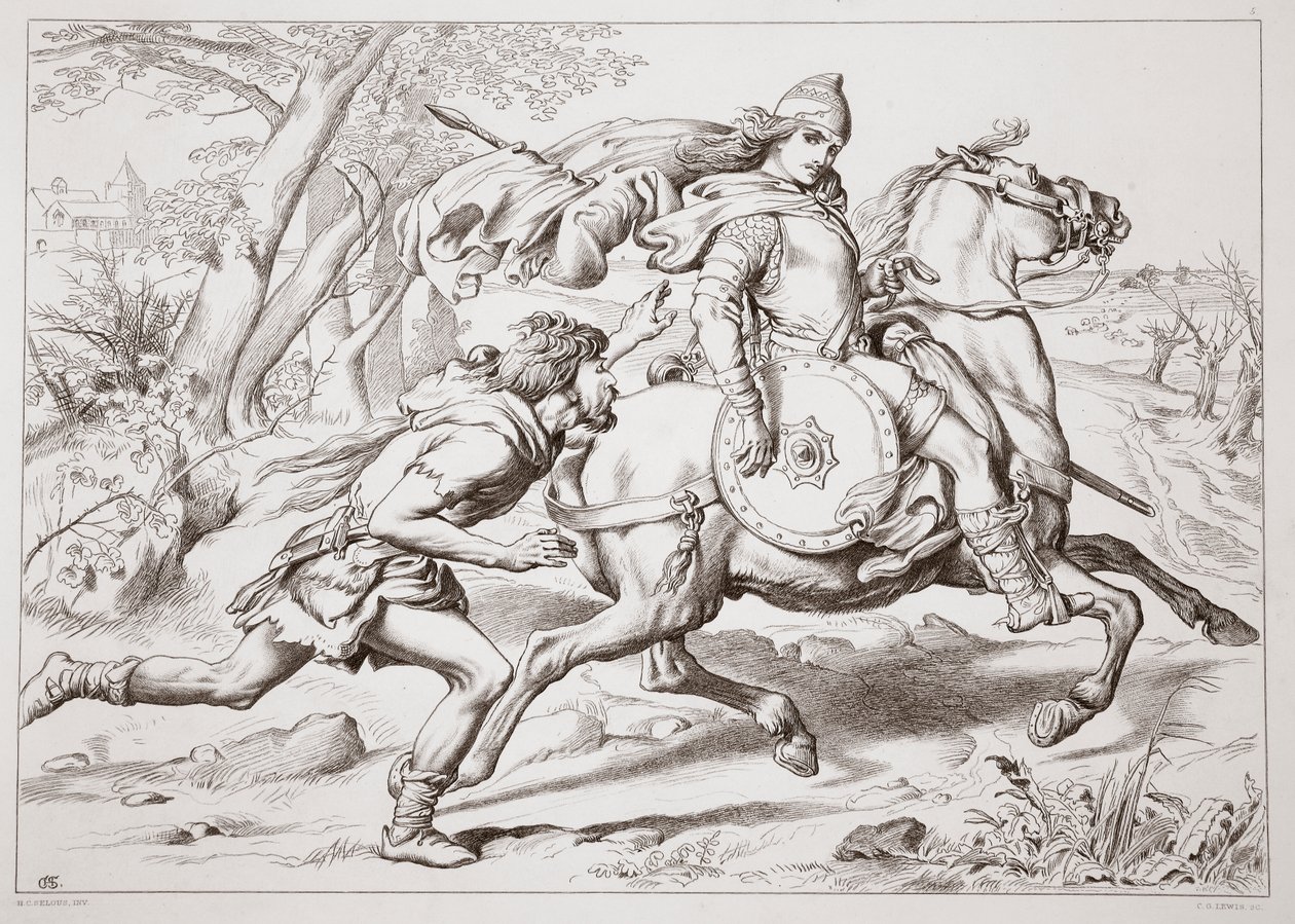 Cómo Martin Lightfoot alcanza a Hereward, ilustración de Hereward the Great por Charles Kingsley, pub. 1870, grabado por C.G. Lewis de Henry Courtney Selous