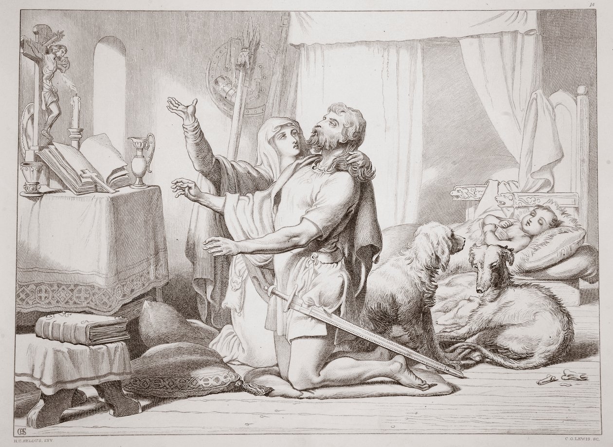 Cómo Torfrida enseña a Hereward a rezar, ilustración de Hereward el Grande por Charles Kingsley, grabado por C.G. Lewis de Henry Courtney Selous