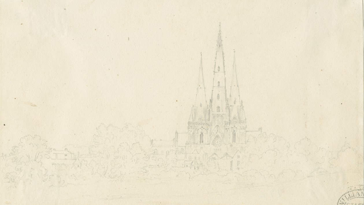 Catedral de Lichfield - Vista Este: dibujo a lápiz de Henry Curzon Allport