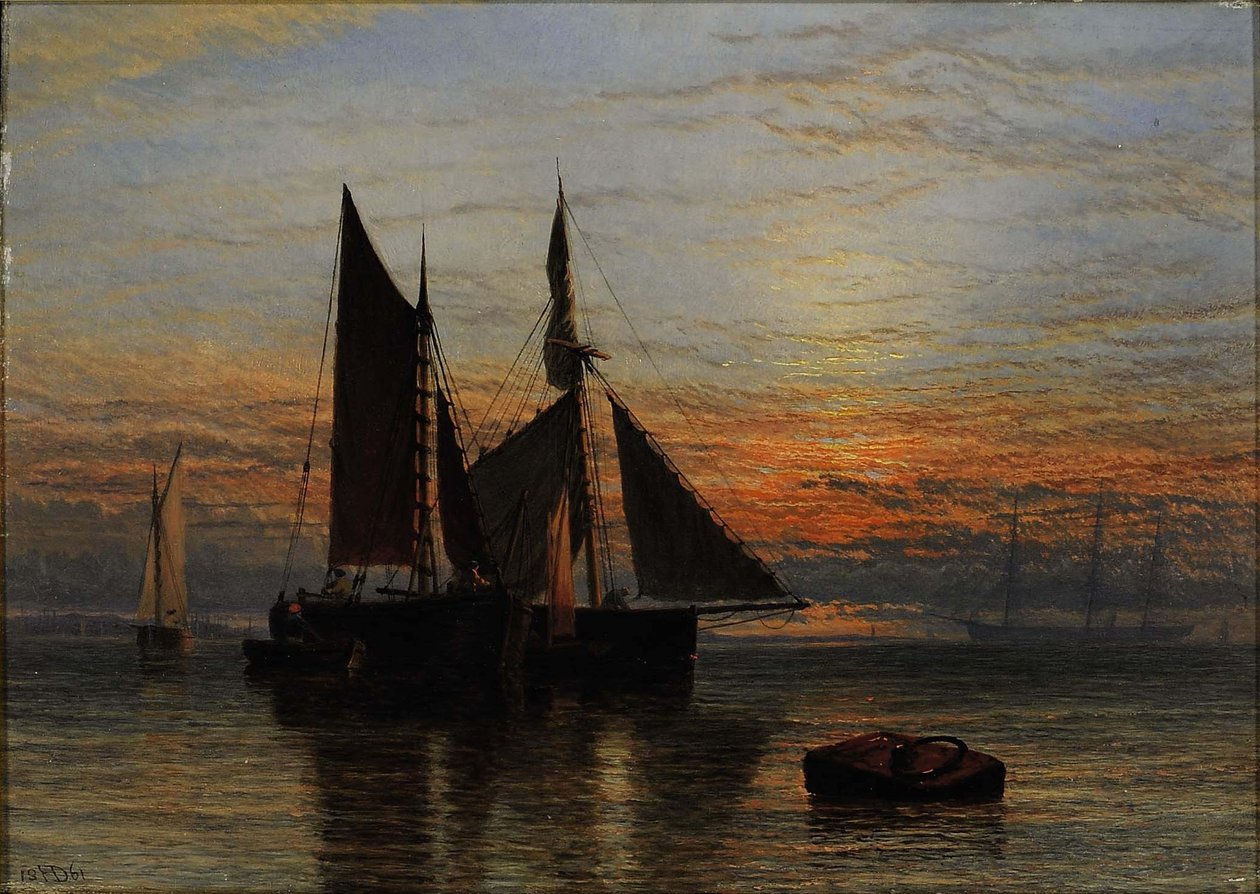 Navegando por un mar en calma al atardecer de Henry Dawson