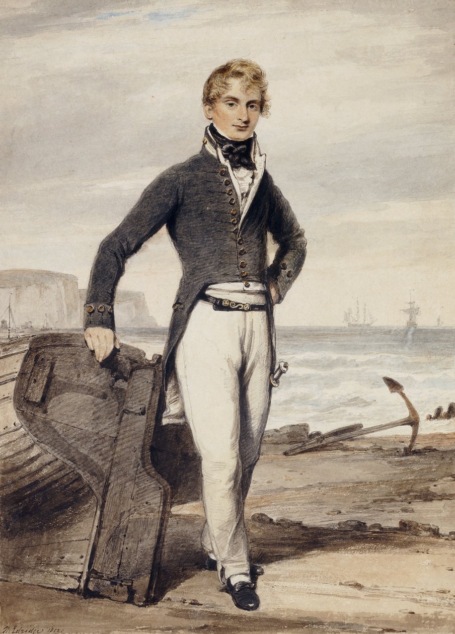 Retrato de Edward Pocock R.N., pequeño de cuerpo entero, de pie junto a un bote de remos varado en marea baja de Henry Edridge