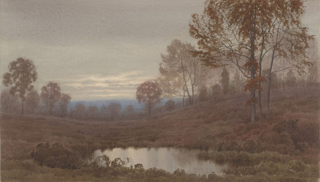 Paisaje al atardecer con estanque de Henry Farrer