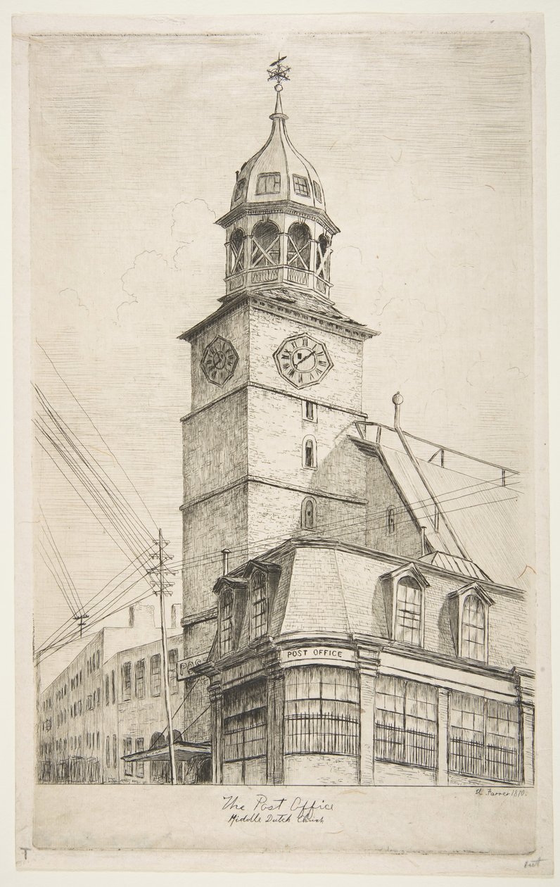 La oficina de correos, Iglesia holandesa media de Escenas del viejo Nueva York, 1870 de Henry Farrer