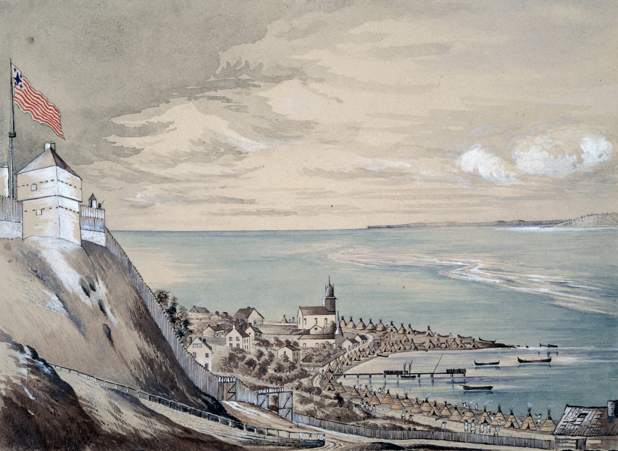 Fuerte y pueblo de Mackinaw, con el campamento indio, septiembre de 1842 de Henry Francis Ainslie