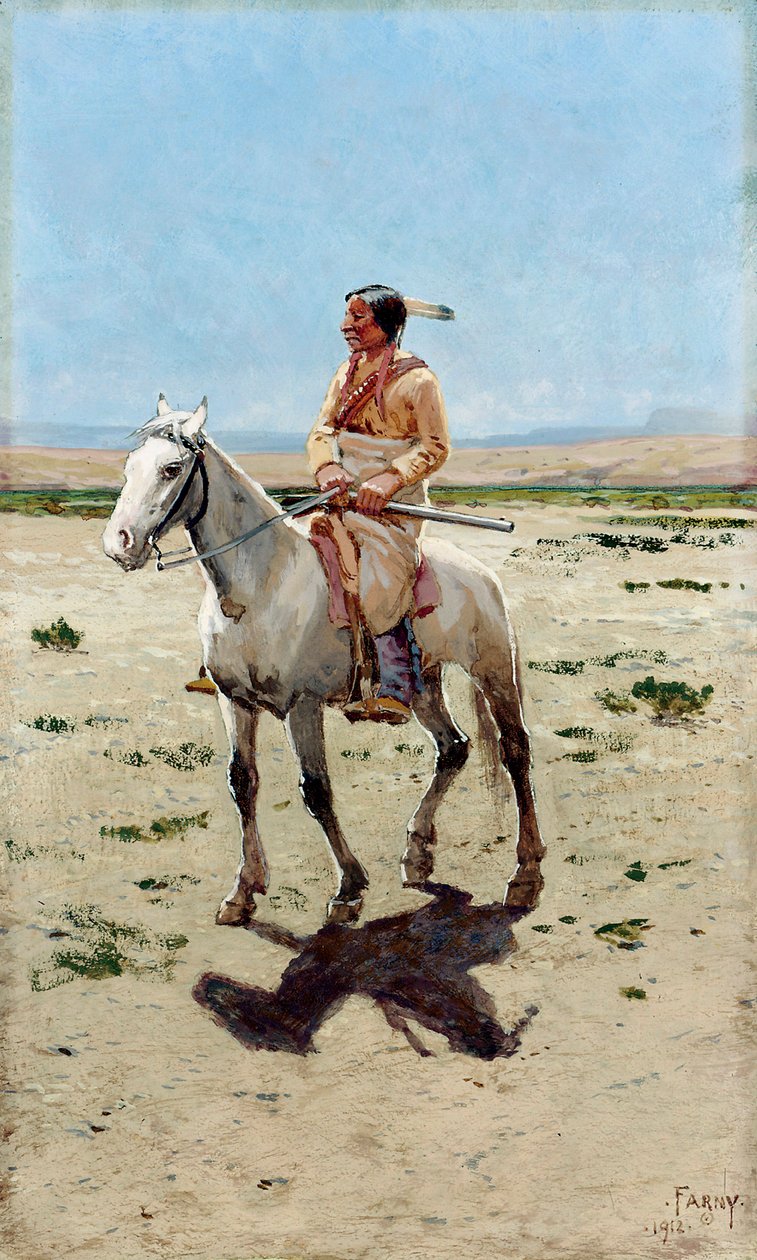 Explorador Cheyenne. Un indio a caballo con un rifle. Pintura de Henry Francois Farny (1847-1916) de Henry Francois Farny