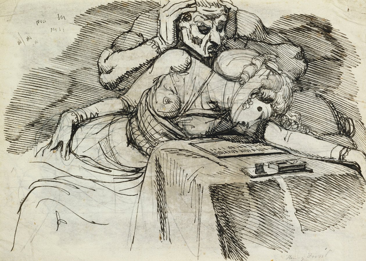 Una mujer desmayada en una mesa de escritura, con una figura amenazante detrás de Johann Heinrich Füssli