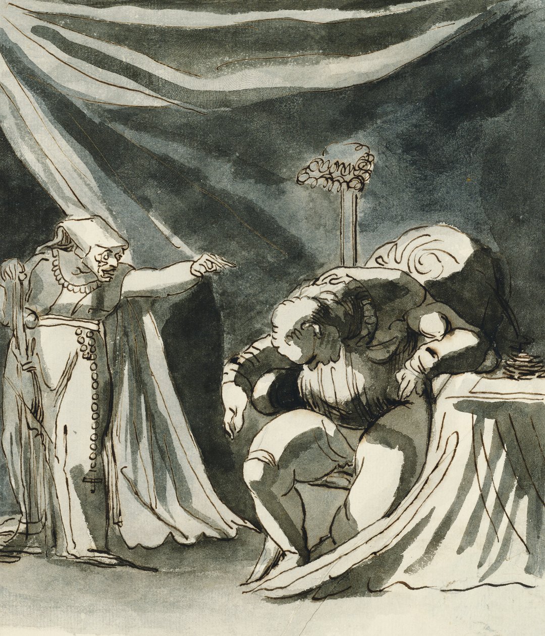 Una anciana con un rosario maldiciendo a un hombre sentado; posiblemente la reina Margarita maldiciendo al duque de Gloucester de Johann Heinrich Füssli