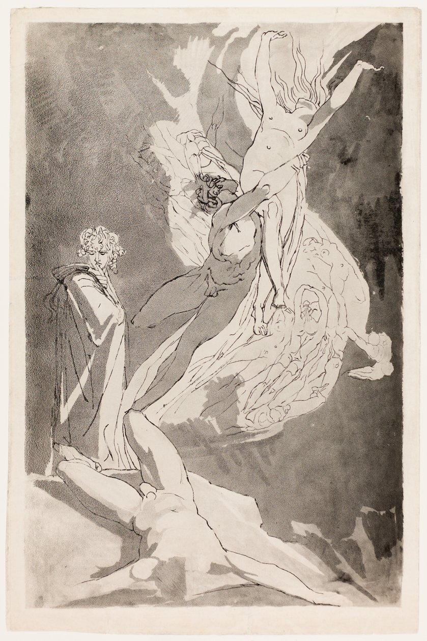 Dante se desmaya ante las almas ascendentes de Paolo y Francesca, con Virgilio a su lado de Johann Heinrich Füssli