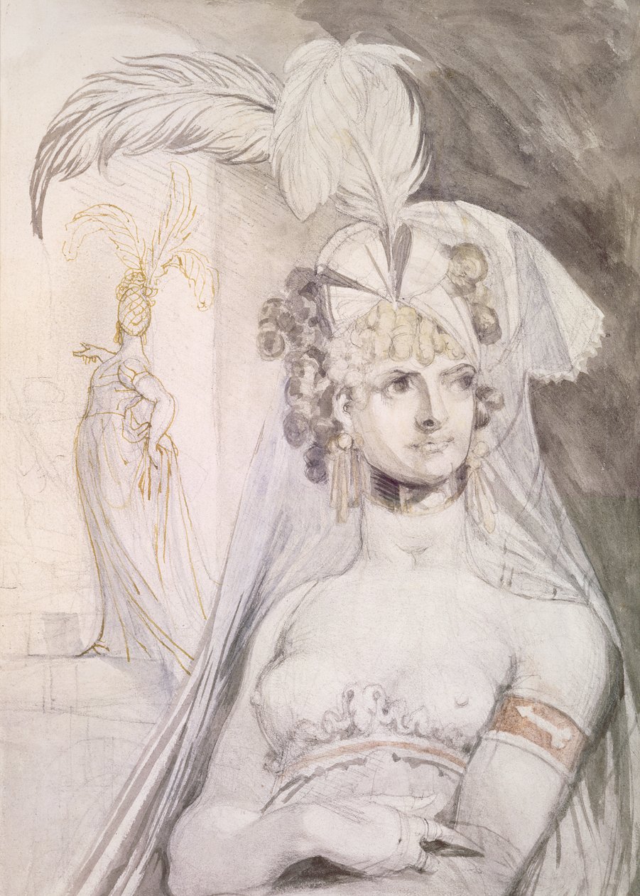 Media figura de una cortesana con plumas, un lazo y un velo en el cabello, 1800-10 de Johann Heinrich Füssli