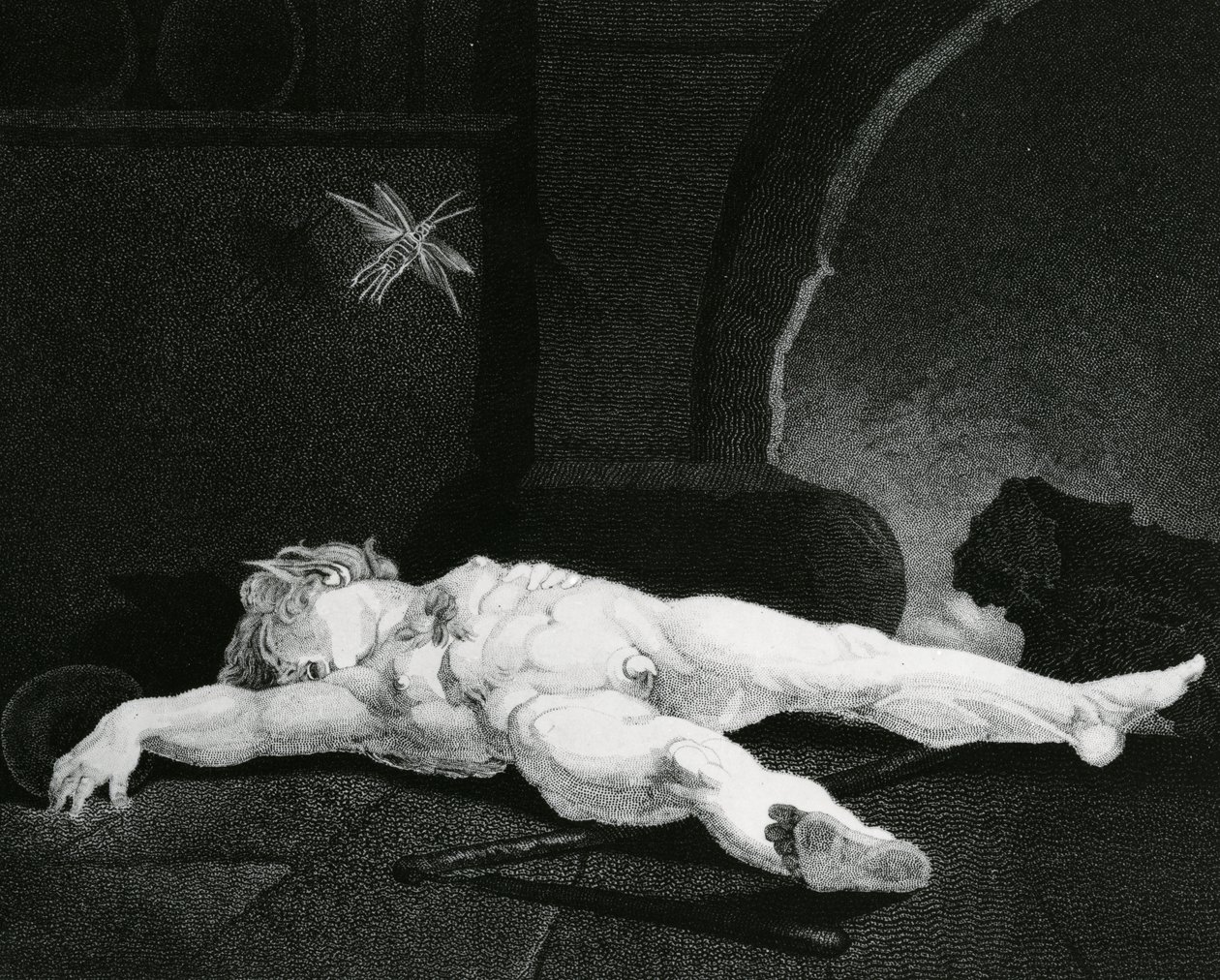 Puck durmiendo ante el hogar campestre, grabado por Moses Haughton Jr. de Johann Heinrich Füssli