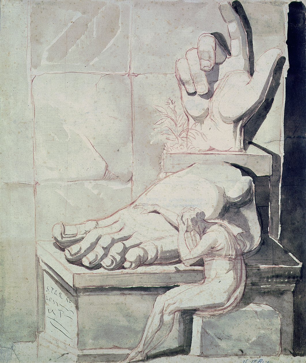 El artista en desesperación por la magnitud de los fragmentos antiguos (mano derecha y pie izquierdo del Coloso de Constantino) 1778-80 de Johann Heinrich Füssli