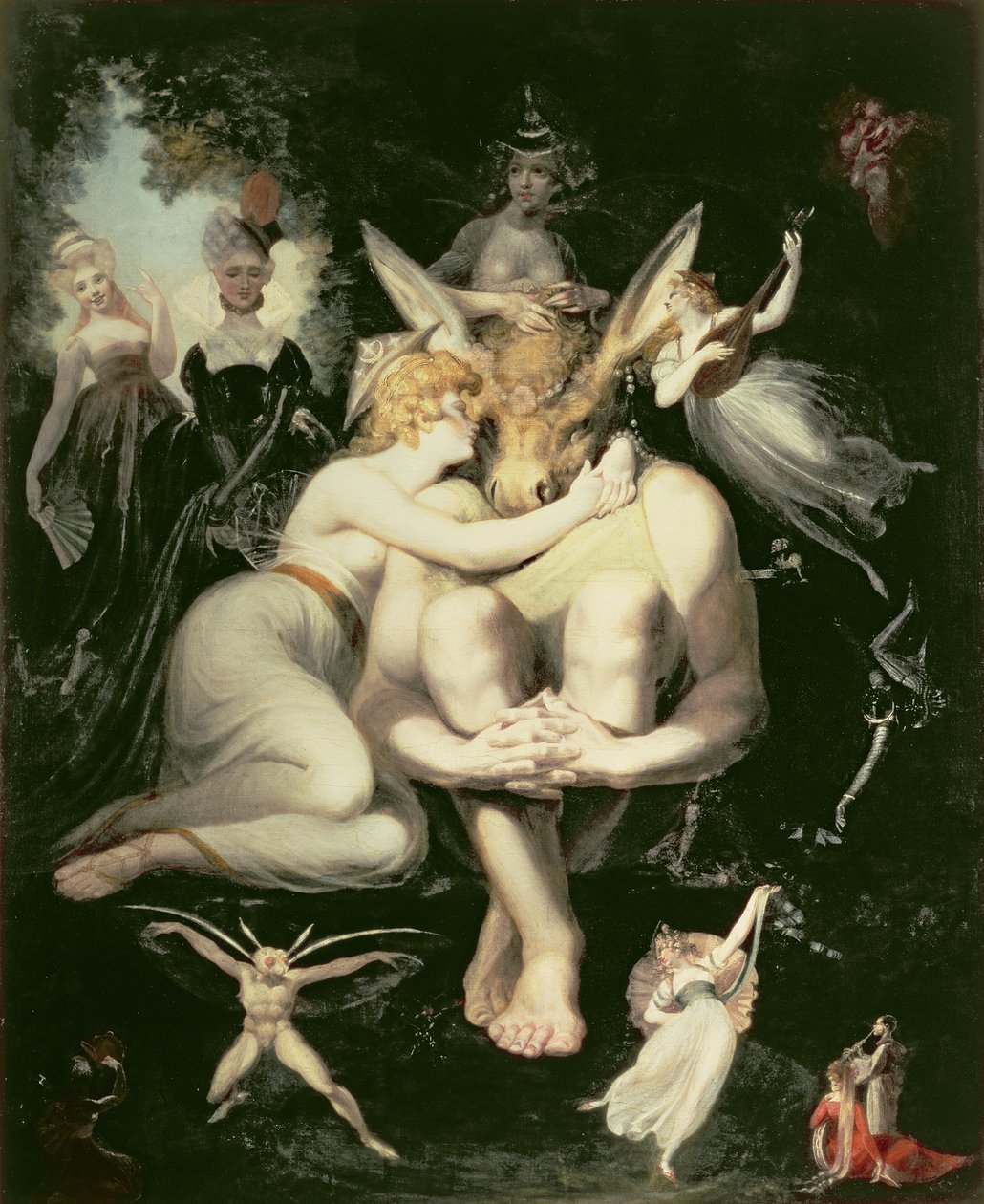Titania despierta, rodeada de hadas asistentes, abrazando con entusiasmo a Bottom, todavía con la cabeza de asno, 1793-4 de Johann Heinrich Füssli