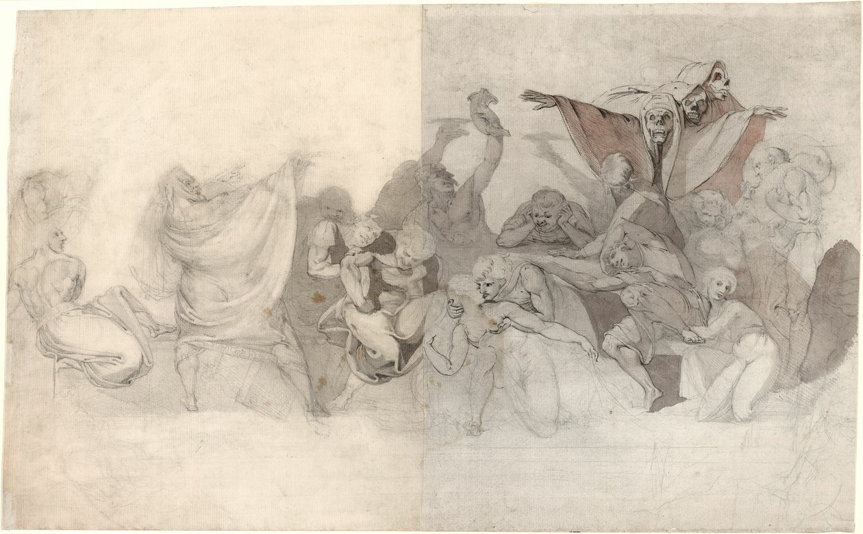 Triunfo de la muerte: Tres esqueletos invadiendo una bacanal orquestada por un mago o un demonio maligno de Johann Heinrich Füssli