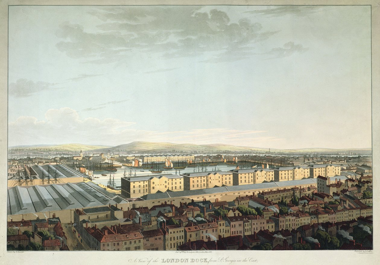 Vista del Muelle de Londres desde St. Georges-in-the-East, grabado por Daniel Havell, pub. por T. Clay, 1816 (aguafuerte) de Henry Haseler
