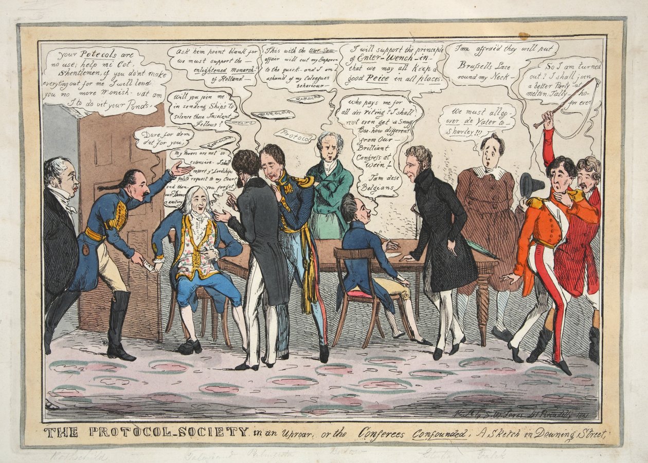 La sociedad del protocolo en un alboroto, o los conferenciantes confundidos. Un boceto en Downing Street, pub. 1831 (grabado coloreado a mano) de Henry Heath