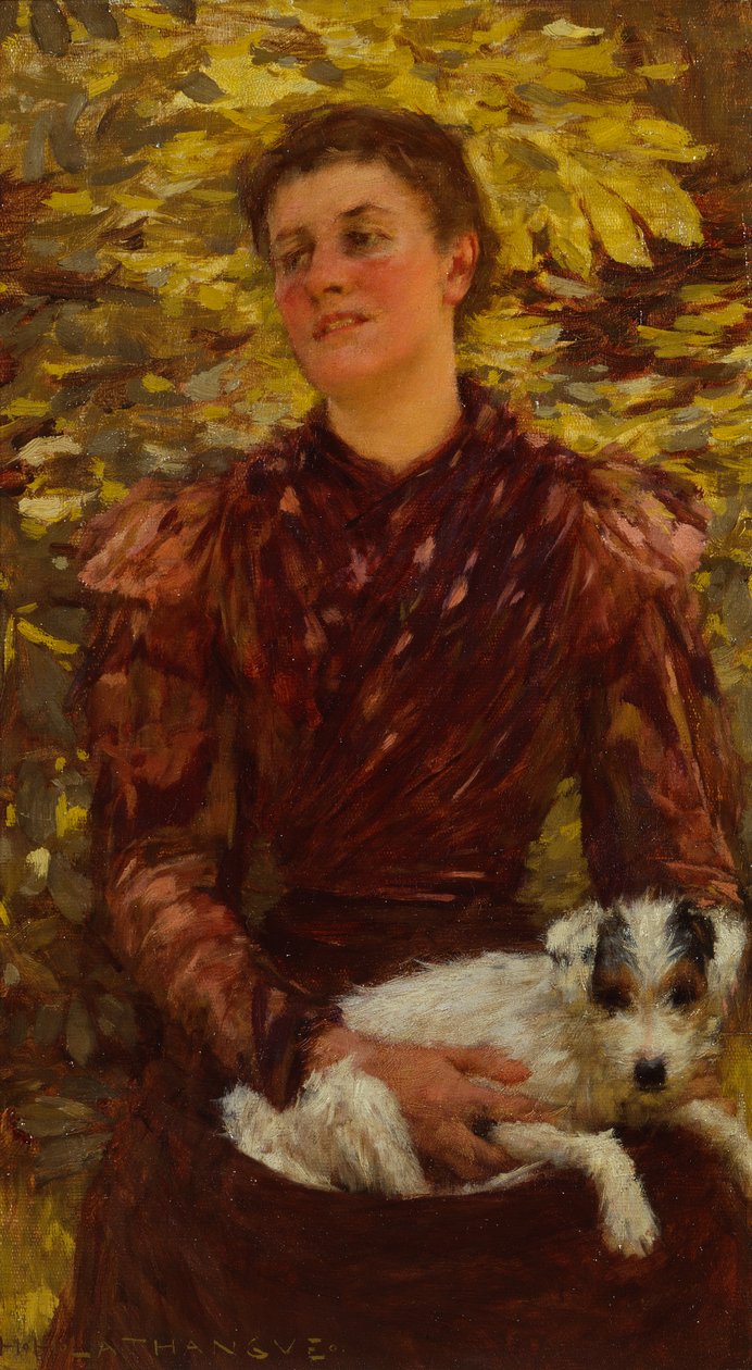 Chica joven con un perro (óleo sobre lienzo) de Henry Herbert La Thangue
