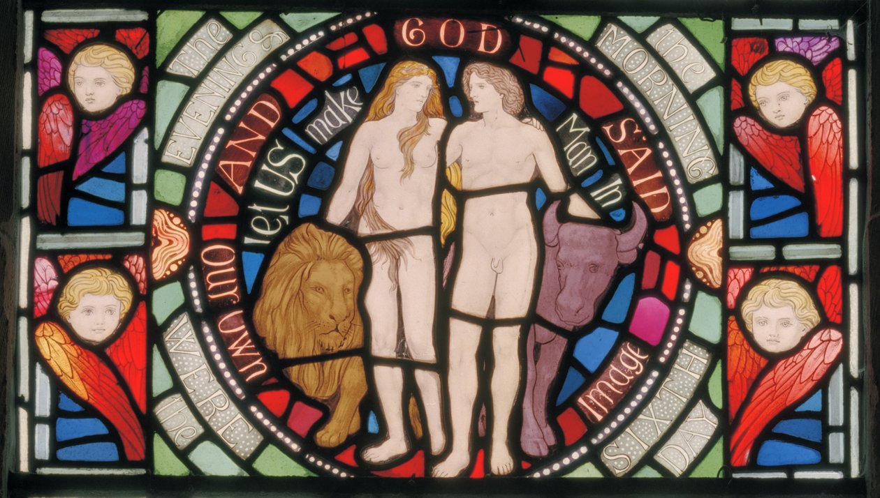 Adán y Eva, detalle de la ventana Benedicite de Henry Holiday