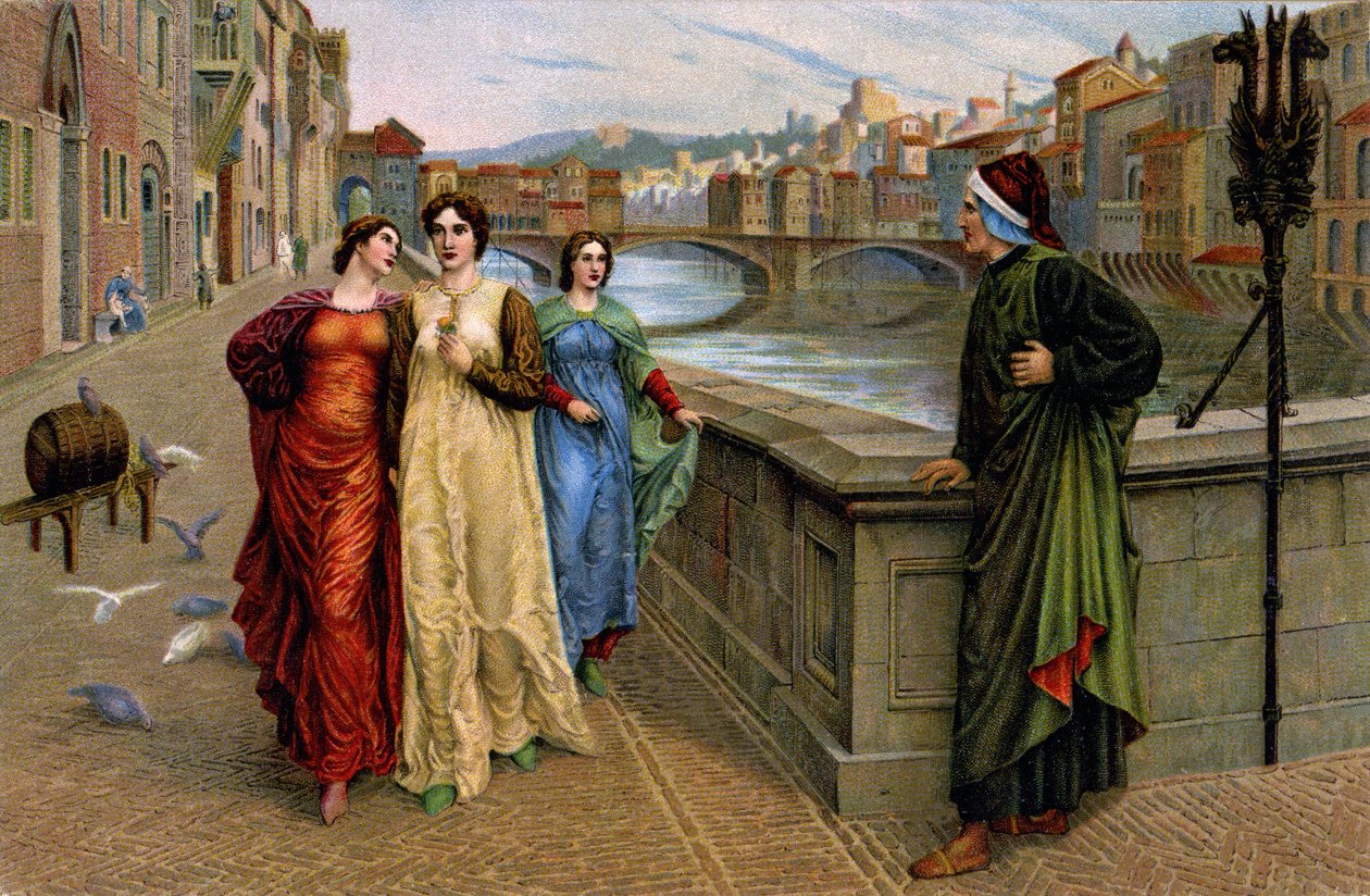 Dante Alighieri con su musa Beatrice Portinari en Florencia, hacia 1890 (grabado) de Henry Holiday
