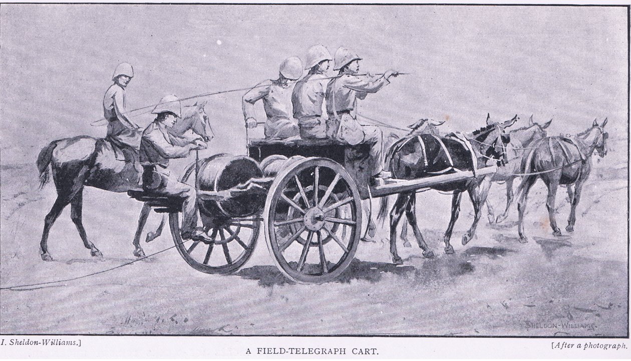 Un carro de telégrafo de campo, de Después de Pretoria: La Guerra de Guerrillas publicado por Harmsworth Bros Limited, 1901 de Henry Inglis Jodrel Sheldon Williams