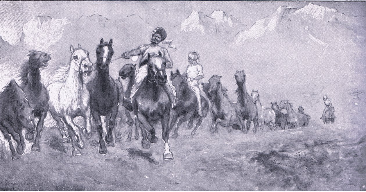 Coolies indios llevando caballos a Stellens bosch, de Después de Pretoria: La Guerra de Guerrillas publicado por Harmsworth Bros Limited, 1901 de Henry Inglis Jodrel Sheldon Williams
