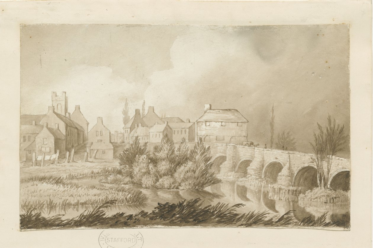 Puente y ciudad de Burton-upon-Trent: dibujo en sepia, nd [c 1840] de Henry James Noyes