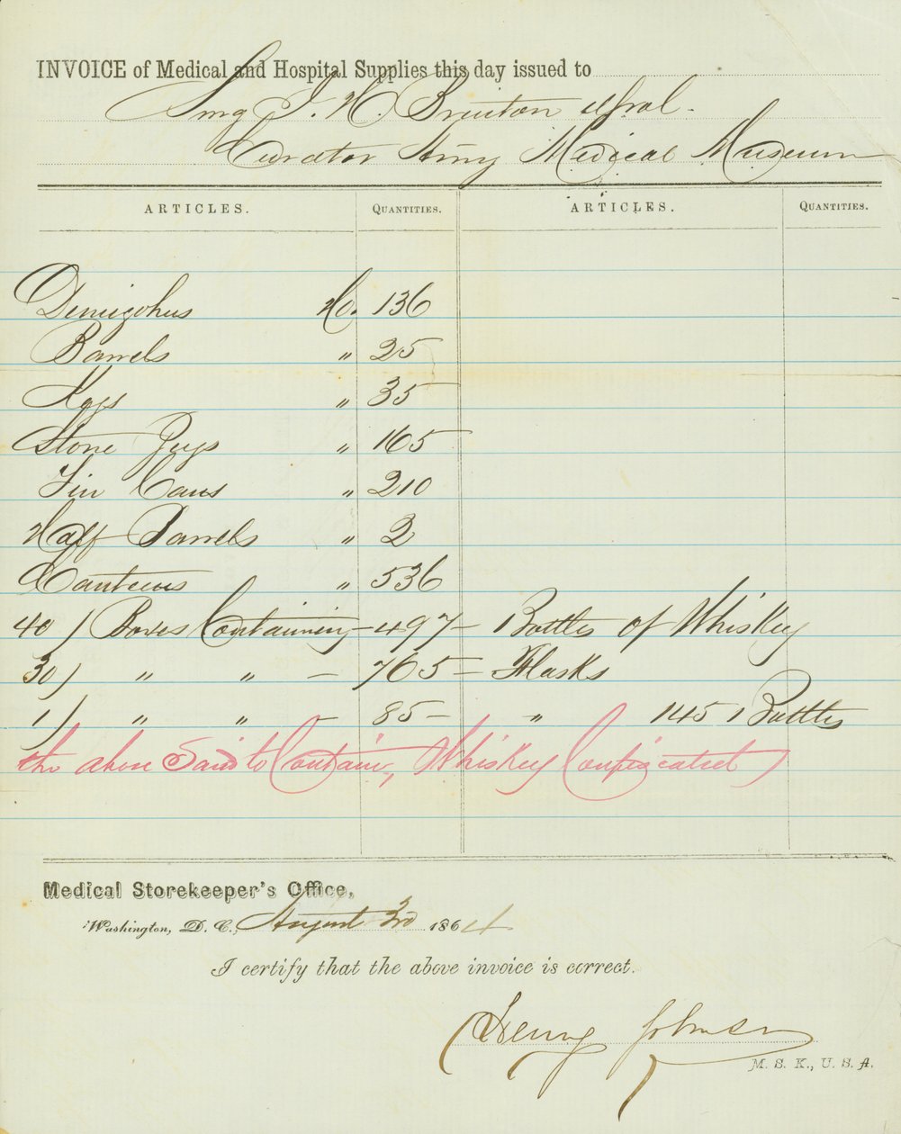 Factura de suministros médicos y hospitalarios, firmada por Henry Johnson, 30 de agosto de 1864 de Henry Johnson