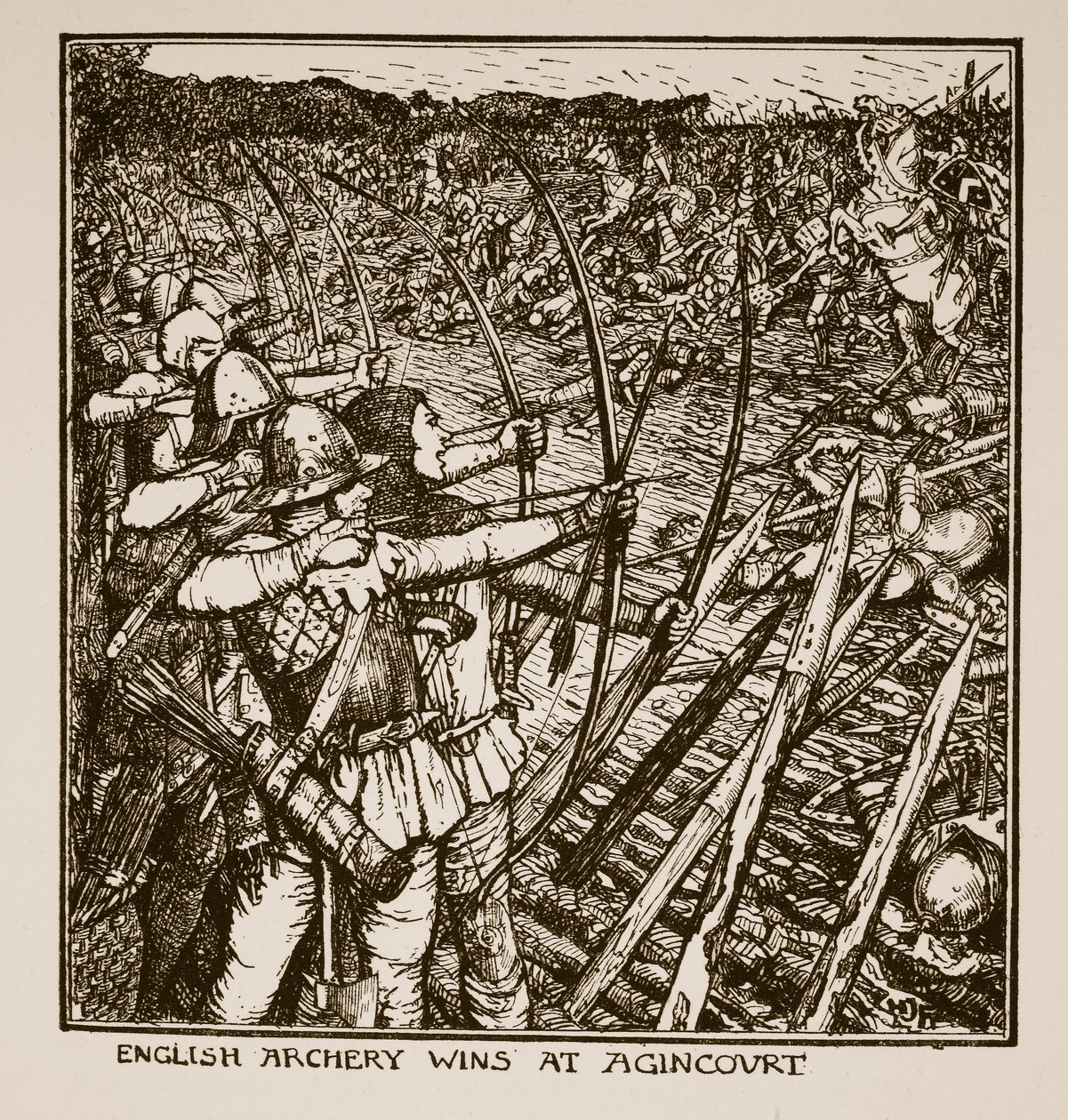 La arquería inglesa gana en Agincourt, ilustración de 