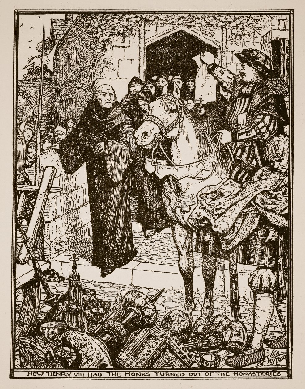 Cómo Enrique VIII expulsó a los monjes de los monasterios, ilustración de 