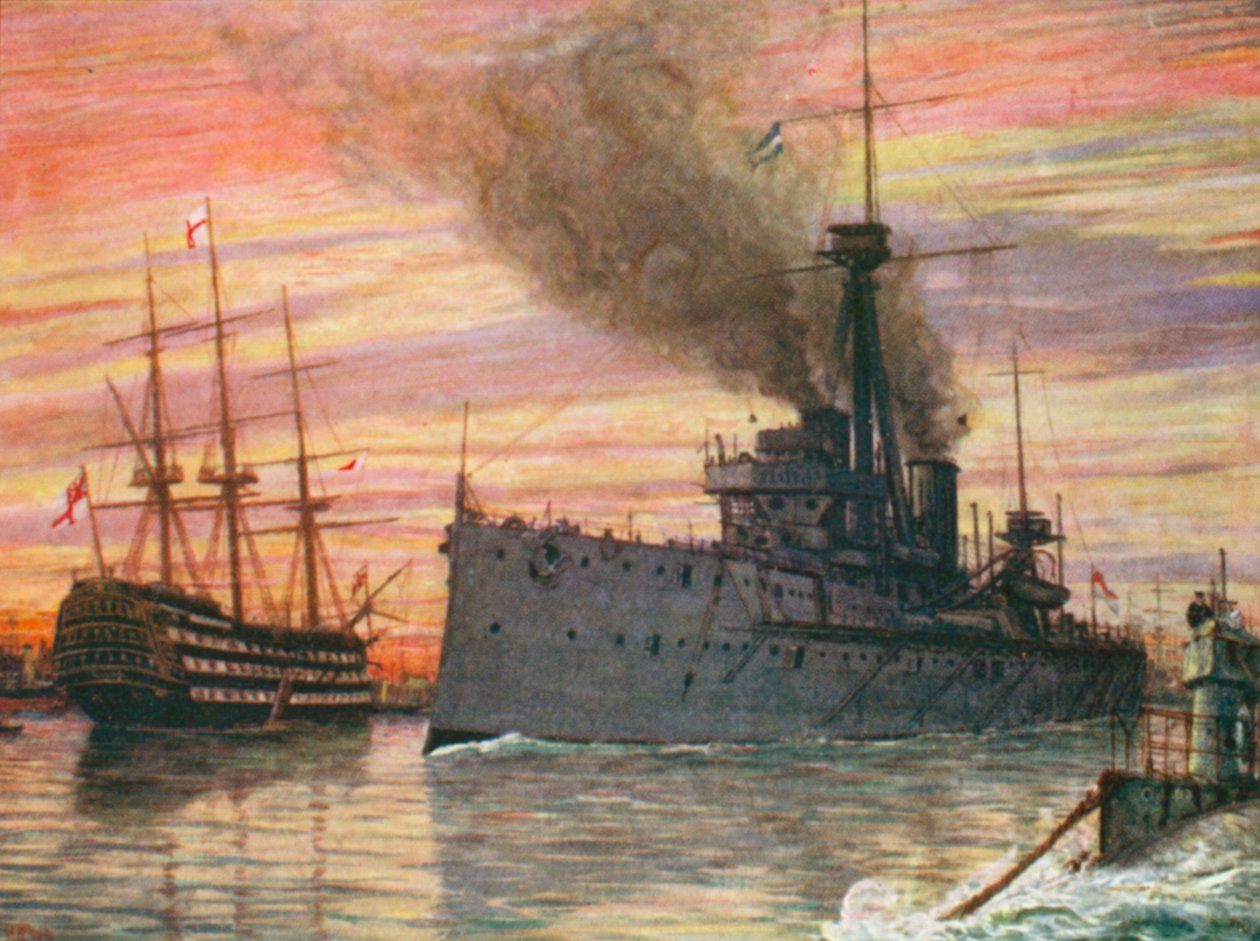 En el puerto de Portsmouth en 1909, el "Dreadnought" y el "Victory" (litografía en color) de Henry Justice Ford