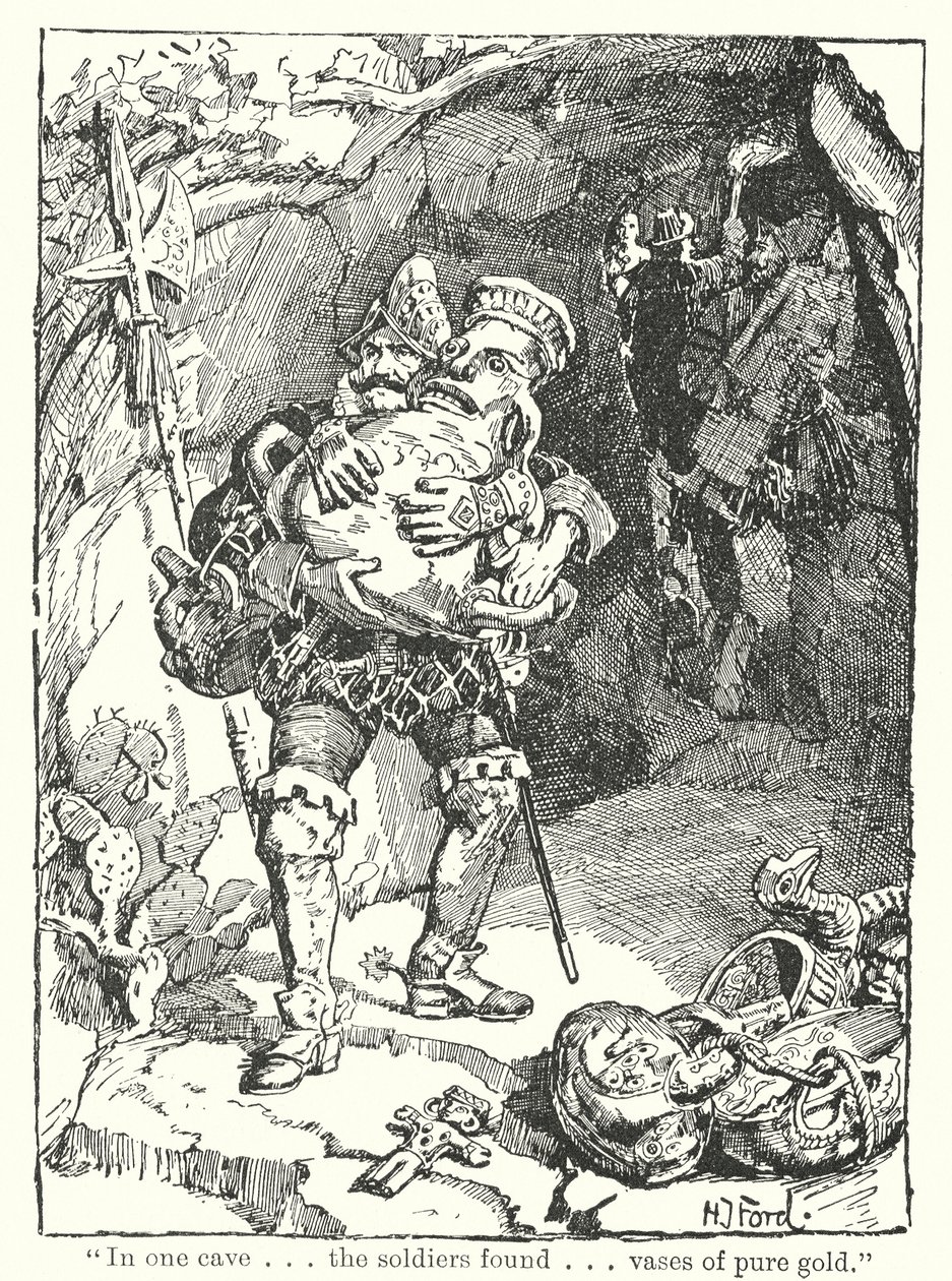 "En una cueva. Los soldados encontraron. Jarrones de oro puro" (litografía) de Henry Justice Ford