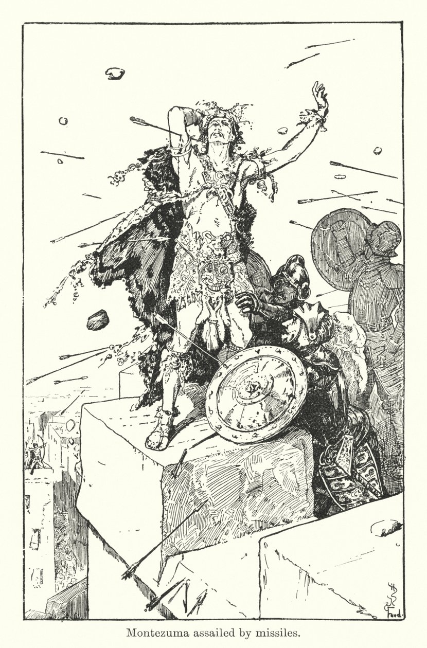 Moctezuma asaltado por misiles (grabado) de Henry Justice Ford