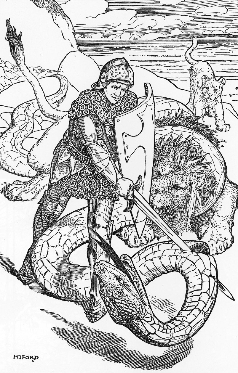 Percival lucha contra la serpiente Ilustración de HJ Ford (1860-1940) de "The book of romance" 1902 Colección particular de Henry Justice Ford