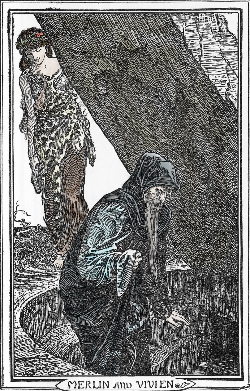 Representación de Merlín el Encantador y Fee Viviane (Merlín y Vivien) Ilustración de Henry Justice (HJ) Ford (1860-1941) de "The book of romance" 1902 Collection privee de Henry Justice Ford