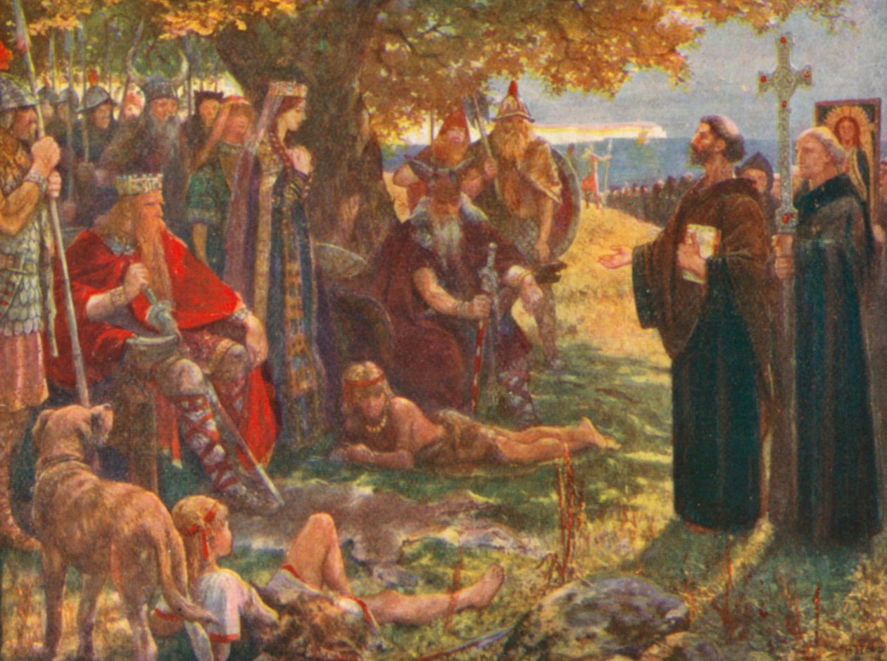 San Agustín predicando a Ethelbert, rey de Kent, y mostrándole la cruz y una imagen del Salvador (litografía en color) de Henry Justice Ford