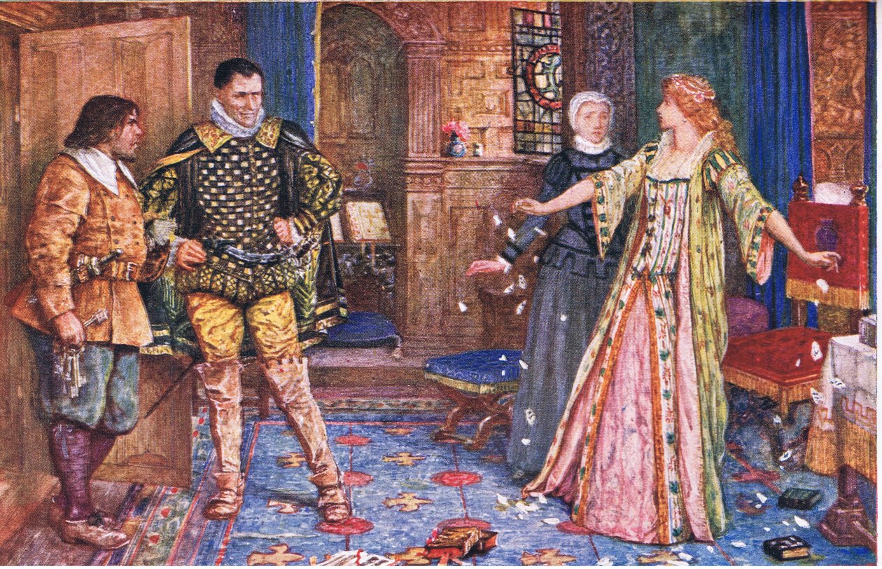La condesa de Leicester rompe la carta de su esposo en presencia de Varney y Foster, ilustración de Kenilworth, c.1910 de Henry Justice Ford