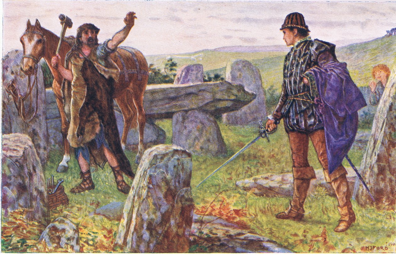Tresilian confronta al herrero misterioso, ilustración de Kenilworth, c.1910 de Henry Justice Ford