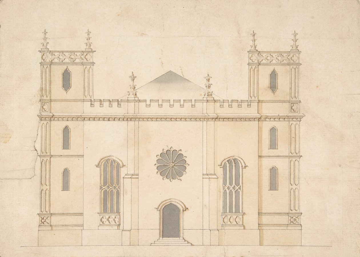 Fachada de una iglesia de estilo gótico, 1745-76 de Henry Keene.