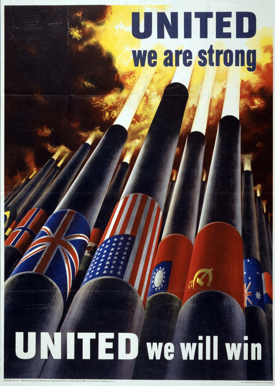 Unidos somos fuertes. UNITED we will win" (Unidos venceremos) Póster de la Segunda Guerra Mundial con un cañón que lanza proyectiles al cielo. de Henry Koerner