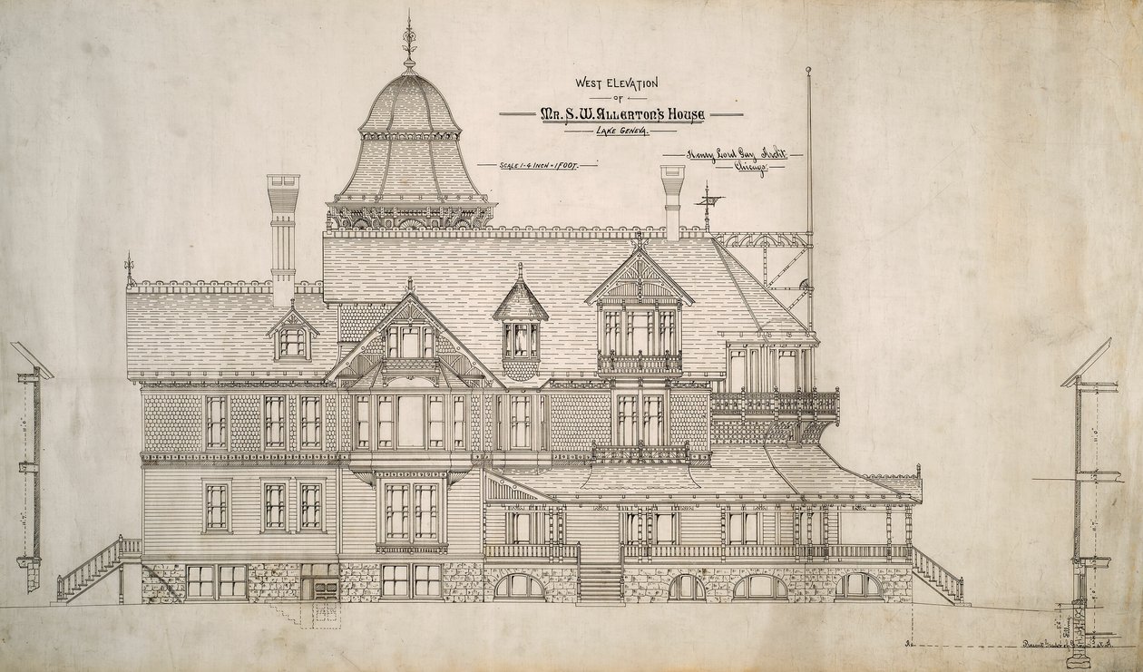 Casa para el Sr. S.W. Allerton, Lago Ginebra, Wisconsin: Elevación oeste de Henry Lord Gay