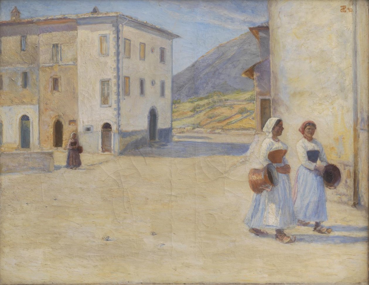 Chicas camino al pozo por agua al mediodía. Civitá d