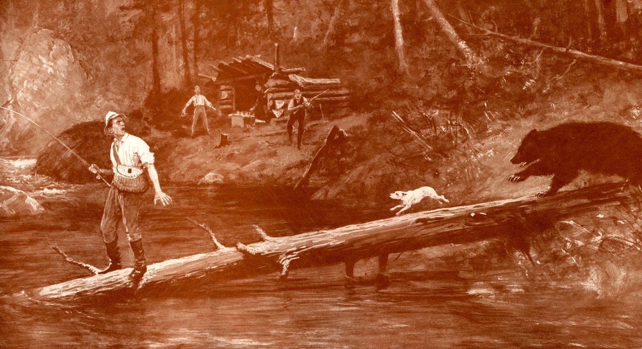 Oso se acerca a pescadores en el bosque de Henry Marriott Paget